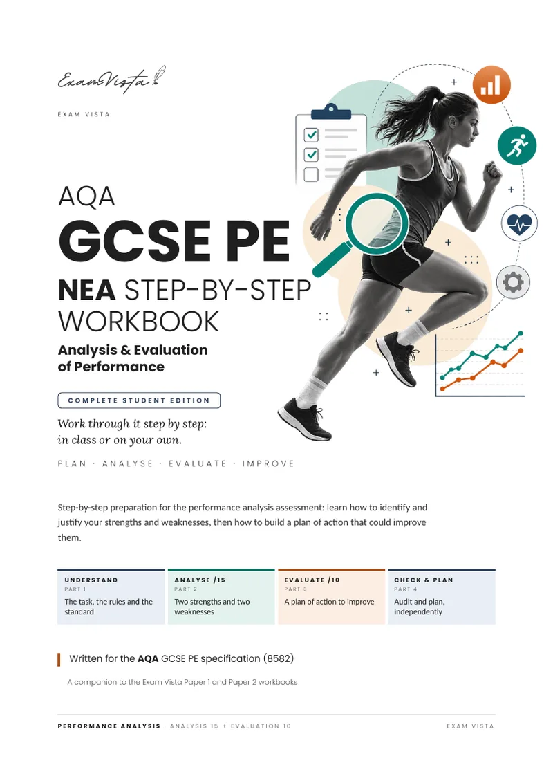 Cover of the free Exam Vista AQA GCSE PE NEA Step-by-Step Workbook: Analysis and Evaluation of Performance