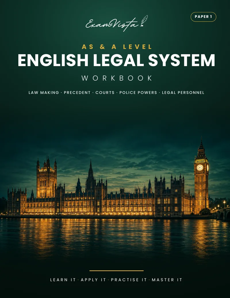 Cover of the Exam Vista AS and A Level English Legal System workbook, Paper 1